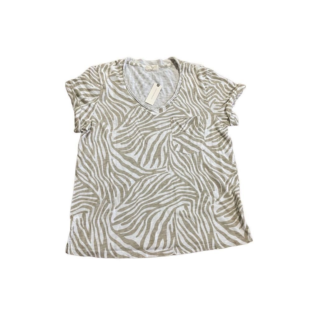 Anthropologie T.La Zebra Print Pocket V-Neck Short Sleeve Tee Shirt NWT